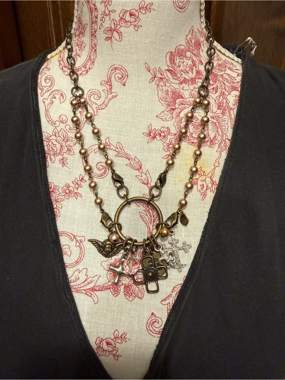 Lenny & Eva Antique Bronze Multi-Charm Necklace with Pink Pearl Accents